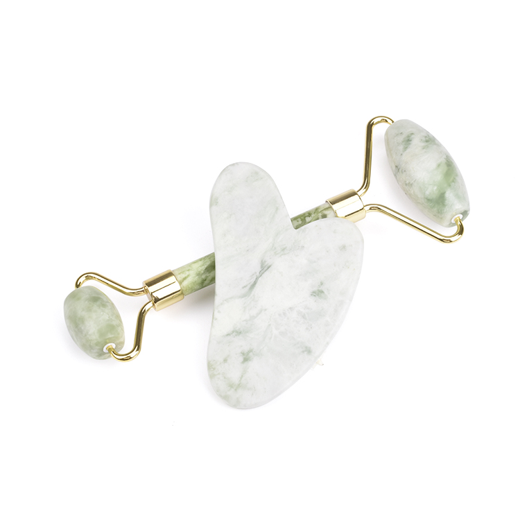 Gua Sha Set: Kaareva vihreä valkoinen Jade roller ja Gua Sha kivi
