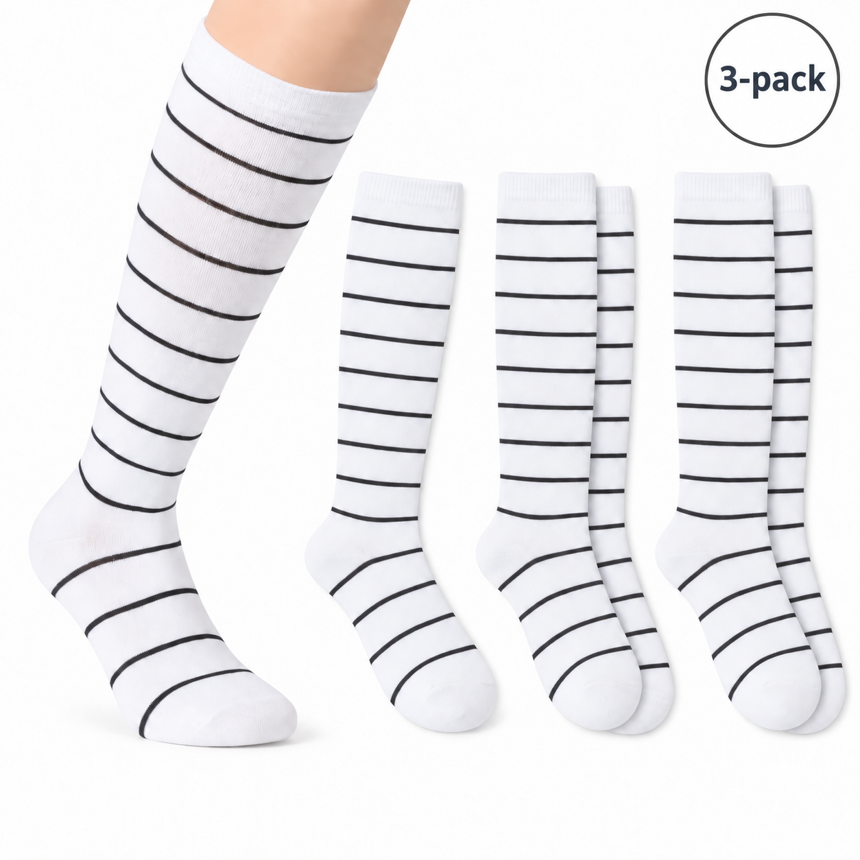 Raidalliset tukisukat, joissa on ohuet raidat, 3-pack