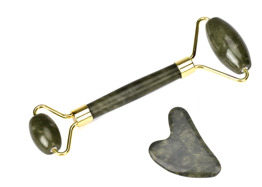 Gua Sha Set: Kaareva vihreä Jade roller ja Gua Sha kivi